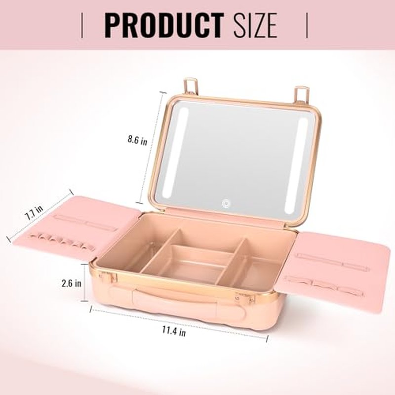 GGV Makeup Case With Lighted Mirror, Makeup Bag With Led Mirror 3 Color Setting Travel Makeup Train Case Adjustable Brightness (Pink)