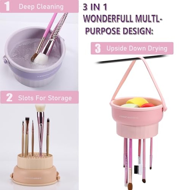 UPTOZOBLY 3 in 1 Brush Cleaning Mat with Brush Drying Holder, Silicone Makeup Brush Cleaner Mat Make Up Brush Cleaning Bowl Cosmetic Brush Washing Tool for Makeup Brush, Sponge, Powder Puff (Khaki)