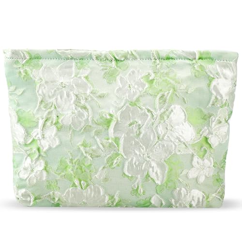 ZLFSRQ Flower Makeup Bag for Women Girls Teens Travel Cute Floral Cosmetic Bags Large Zipper Cosmetic Pouch for Purse Portable Toiletry Bag Aesthetic Embossed Green Makeup Brushes Storage Organizer