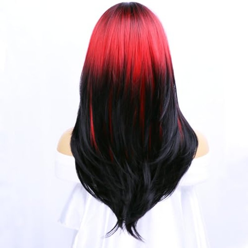 BERON Black Red Women Wigs Long Wavy Wig with Bangs Ombre Color Curly Synthetic Layered Wigs for Daily Used Wigs Wig Cap Included