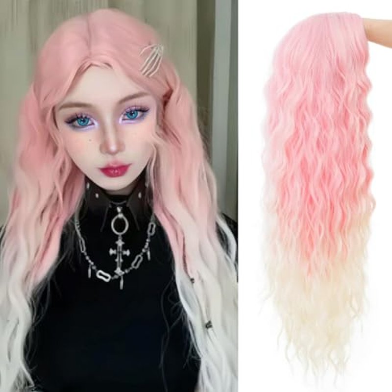 Salaibs Pink Long Curly Wavy Wigs for Women Pink to Blonde Middle Part Wig Heat Resistant Synthetic Hair Wig for Halloween Cosplay Use