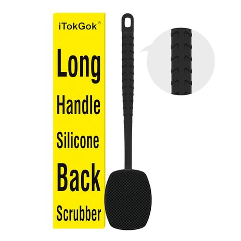 iTokGoK® All New Premium Silicone Back Scrubber with Tire Anti-Slip Long Handle for Shower, Gentle Exfoliating and Massage Brush Scrubber for Sensitive Skin for Men and Women (Black)