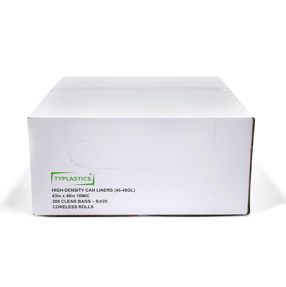 TYPLASTICS 45-48 Gallon Clear Trash Can Liners - 43" x 48" - High Density Garbage Bags - 200 Pack - Multipurpose for Office, Yard, Recycling, Industrial and Commercial