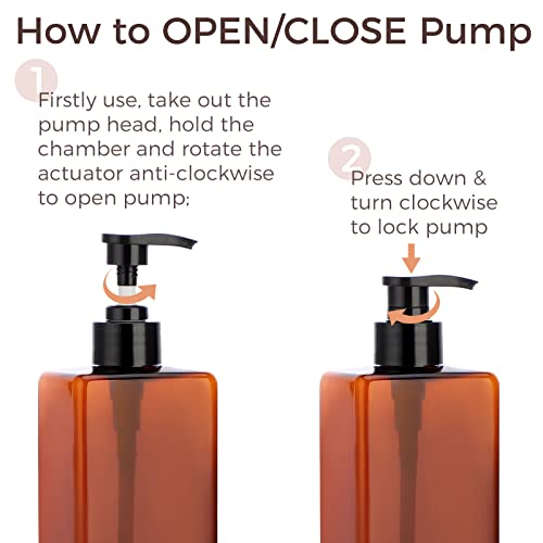 Suream Amber Shampoo and Conditioner Dispenser with Black Plastic Pump, 16.9oz Refillable Shower Bottle for Bathroom, Empty Container for Body Wash, Hand Soap, Lotion, Massage Oil