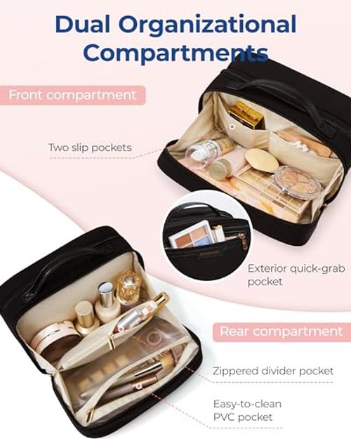 BAGSMART Travel Makeup Bag Large Capacity Cosmetic Bag, Wide-open Portable Make Up Bag Organizer for Women for Travel Essentials Travel-Size Toiletries Accessories Bottles, Brushes (Beige)