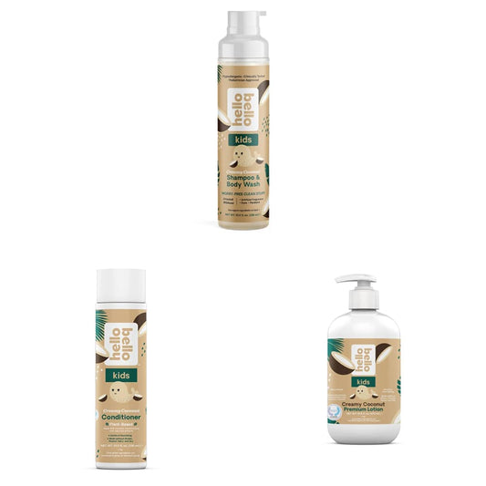 Hello Bello Creamy Coconut Baby Essentials Bundle | Shampoo & Body Wash, Conditioner & Lotion | Hypoallergenic, Dermatologist & Pediatrician Tested for Babies and Kids