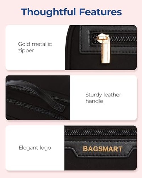 BAGSMART Travel Makeup Bag Large Capacity Cosmetic Bag, Wide-open Portable Make Up Bag Organizer for Women for Travel Essentials Travel-Size Toiletries Accessories Bottles, Brushes (Beige)