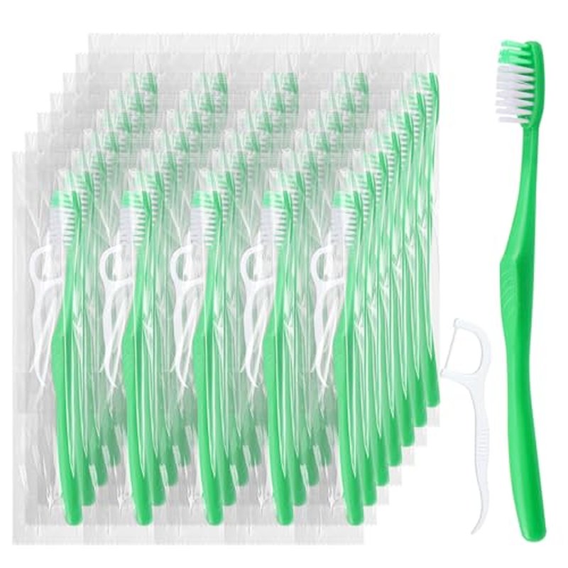 HAIFOTRVA 10 Packs Disposable Toothbrushes with Floss,Green Single Use Individually Wrapped Disposable Travel Toothbrushes and Dental Floss Kit Bulk for Homeless,Airbnb,Hotel,Dentist (10)