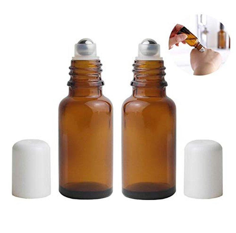 3PCS 20ml Empty Refillabl Amber Glass Roller Bottle With Stainless Steel Balls And White Screw Cover For Essential Oil Lip Balms Perfume