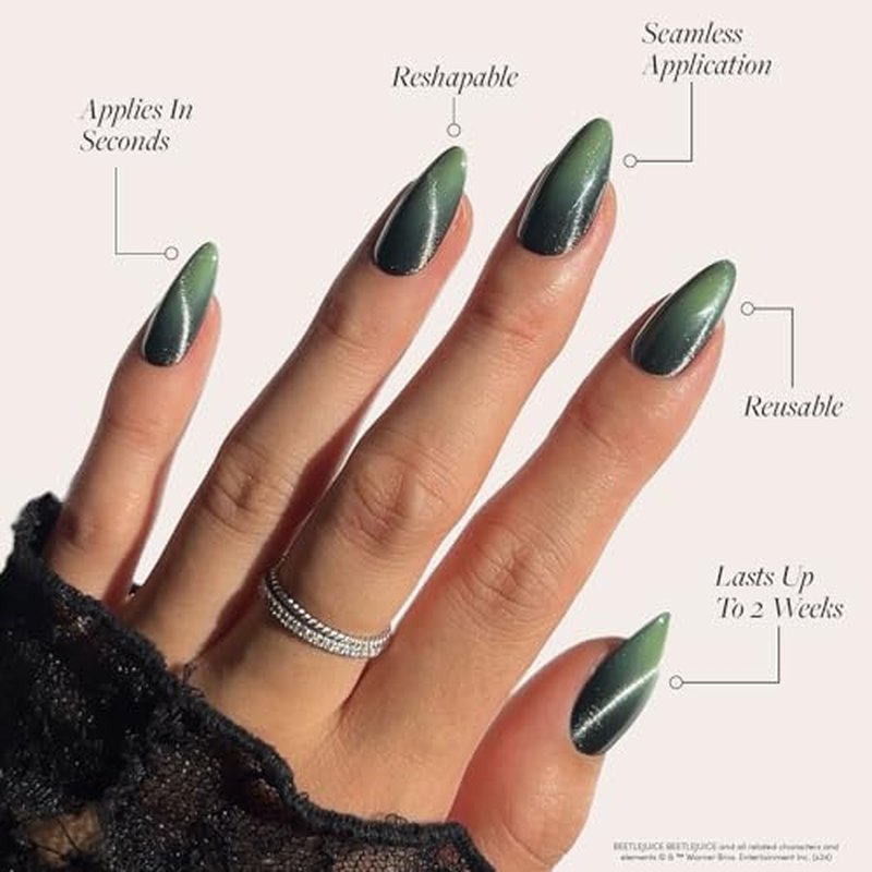 Beetlejuice Beetlejuice™ x Glamnetic Press On Nails - Ghost House™| Opaque Black & Navy Graphic Long Coffin False Nails, Reusable Stick On Fake Nails with Glue | Salon Quality | 15 Sizes - 30 Nail Kit