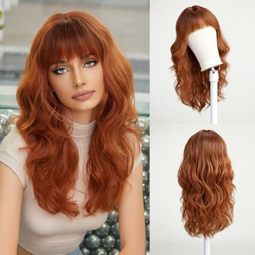 Esmee Long Wavy Wine Auburn Wigs for Women Natural Synthetic Hair Heat Resistant Wigs with Bangs for Daily Party Cosplay Use 22 Inches