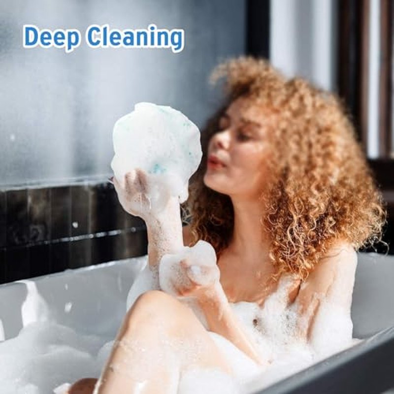 DadyMart Bath Shower Loofah Sponge 75g Bath Mesh Pouf Shower Ball Body Scrubber Exfoliating Bath Sponge for Women and Men, Set of 4,Blue & White