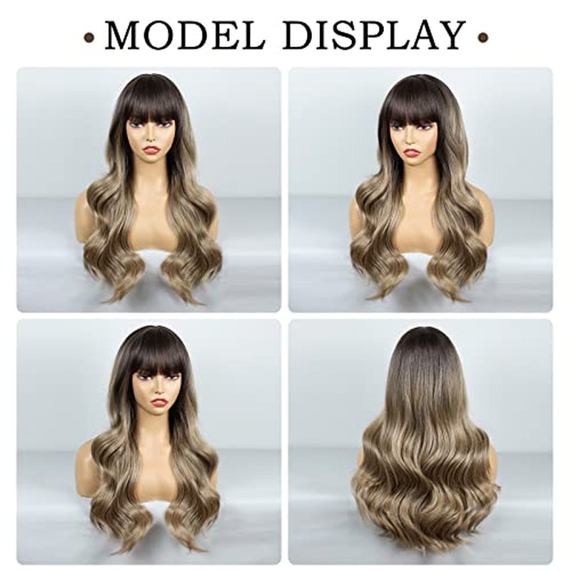 BOGSEA Light Brown Wigs with Bangs Long Blonde Wig for Women Long Wavy Light Ash Brown Mix Blonde Wigs Synthetic Heat Resistant Fiber Wigs for Daily Party 26 Inch