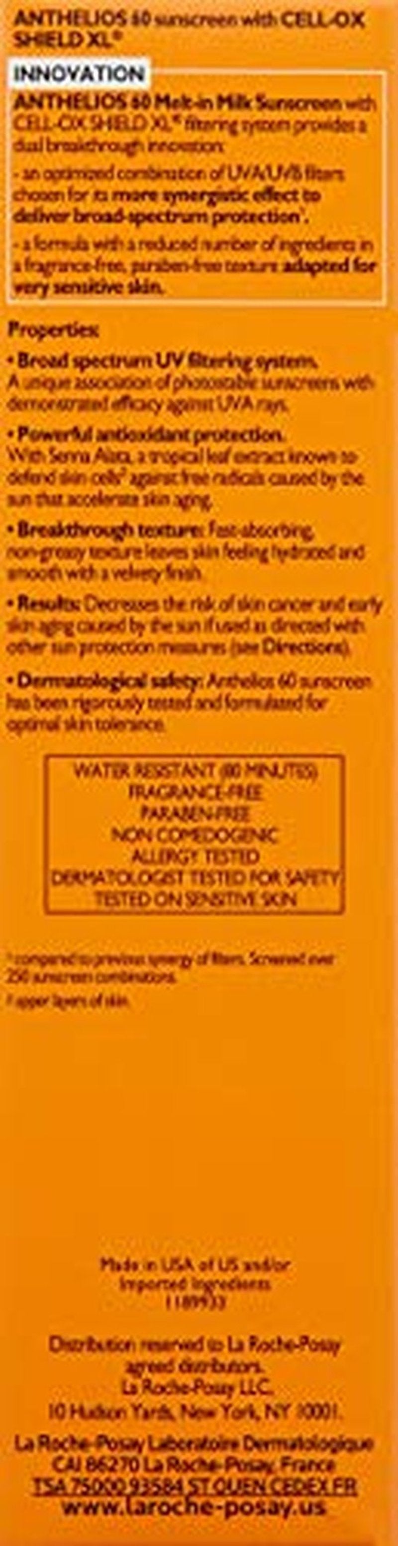 La Roche-Posay Anthelios Melt-In Milk Sunscreen SPF 60 | Sunscreen For Body & Face | Broad Spectrum SPF + Antioxidants | Oil Free Sunscreen Lotion | Lightweight & Fast Absorbing | Oxybenzone Free