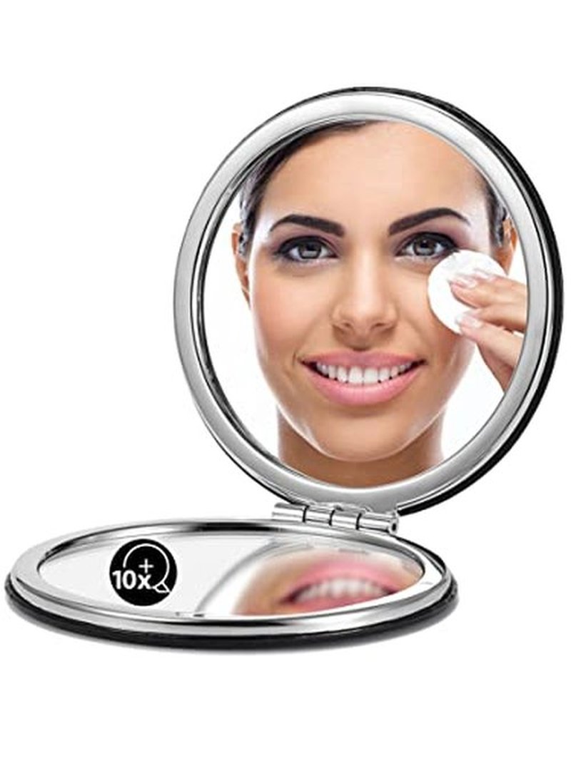 OMIRO 1X/10X(300R) Compact Magnifying Mirror, Unique Painting Pocket Mirror with Classical PU Leather (Round，Red Flower Mandala)