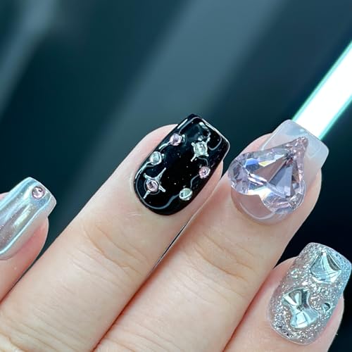 Ricefod Press on Nails Handmade Black Pink Fake Nails Press on False Nails Short Reusable Luxury Nails with Pink Love Diamond, Size:Medium