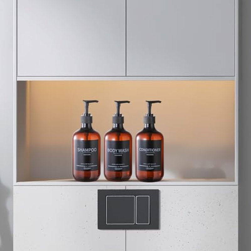 Mithrgrous 5Pack Amber Shower Bottles Refillable with Labels,16.9oz(500ml) Reusable Shampoo and Conditioner Bottles,Shampoo Dispenser Bottles,Shampoo and Conditioner Bottles