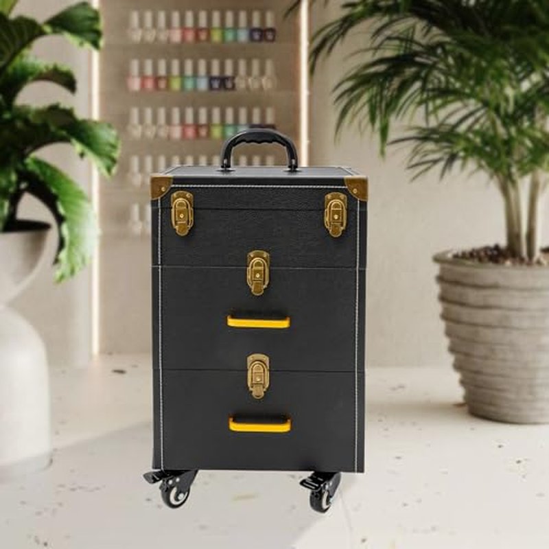 Rolling Makeup Case, Makeup Case Cart, Professional Embroidery Nail Case, Makeup Case with Wheels, Tattoo Travel Case for Nail Technicians, Cosmetologists and Stylists, Black (Black)
