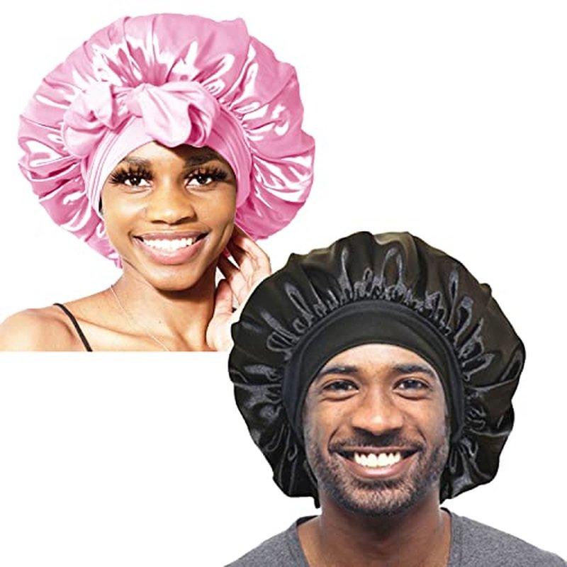 BONNET QUEEN 2pcs Pack Silk Bonnet for Sleeping Women Satin Bonnet Hair Bonnet night sleep cap scarf wrap for curly hair with tie band black pink