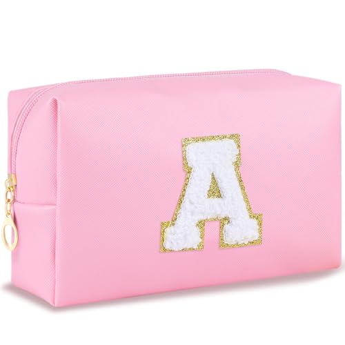 URSKYTOUS Initial Makeup Bag Personalized Preppy Travel Small Cosmetic Bag Cute PU Pink Chenille Letter Makeup Pouch for Purse Waterproof Zippered Toiletry Organizer for Women Girls Kids Friends (Z)