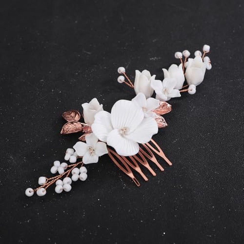 Teyglen Floral Flower Bride Wedding Hair Comb Rose Gold Leaf Headpiece with Flower Bridal Side Comb Hair Accessories for Women Wedding Hair Piece (Rose gold)
