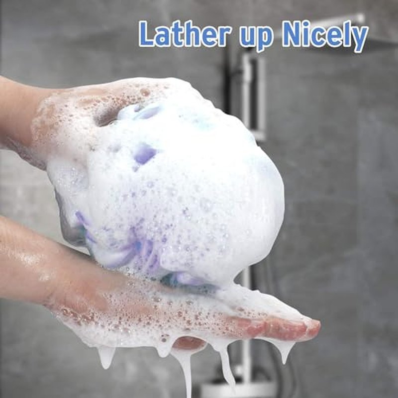 DadyMart Bath Shower Loofah Sponge 75g Bath Mesh Pouf Shower Ball Body Scrubber Exfoliating Bath Sponge for Women and Men, Set of 4,Blue & White