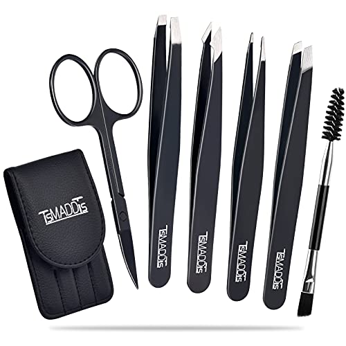 TsMADDTs Eyebrow Tweezer Set, 6 Pcs Tweezers Set for Women, Precision Tweezer for Eyebrows with Curved Scissors for Ingrown Hair, Hair Plucking Daily Beauty Tools with Leather Travel Case