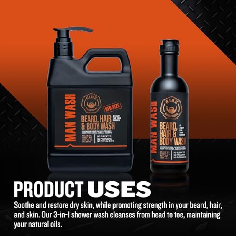 GIBS Grooming 3 in 1 Body Wash for Men - Beard & Hair Moisturizing, & Cleansing Liquid Body Wash with Tea Tree Oil & Copaiba Balsam - Sulfate & Paraben Free Shower Gel - 12 Oz