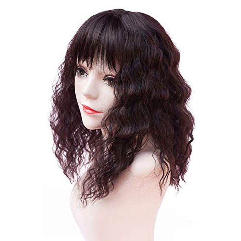RemeeHi Clip on Curly Wavy Synthetic Top Wiglet Hairpieces for Thinning Loss Hair， Topper Hairpieces with Bangs for Women Dark Brown 18 inch(Thin)