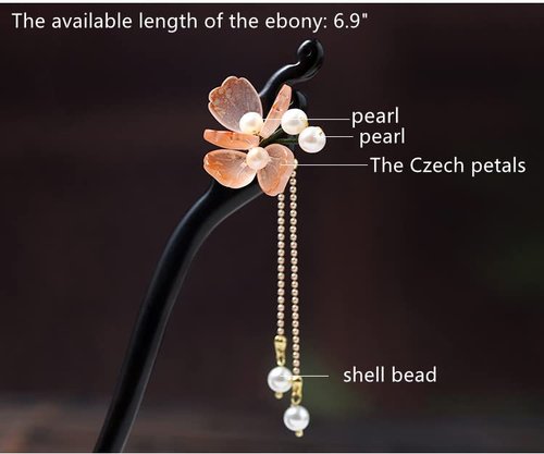 Yuri Hairpin Hair Clasp Sticks Picks Pearl Shell White Crystal Long tassels Hair Accessories For Long Hair Women Wedding Hanfu Cheongsam (Black ebony orange flower)