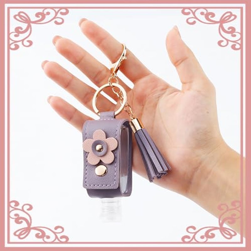 GTILE 4Pcs Hand Sanitizer Keychain, Portable Leather Empty Bottles, 30ml Squeeze Bottle Refillable Containers, Cute Hand Sanitizer for Toiletry Lotion Liquid Soap Shampoo (Pink, Blue, Purple, Yellow)