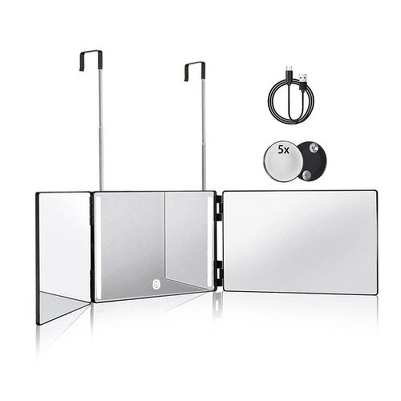 HIEEY 3 Way Mirror for Hair Cutting with LED,360 Trifold with Height Adjustable Telescoping Hooks,and 5X Magnification,for Makeup and Styling (Black)