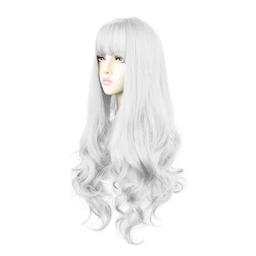 sorkwo White Wig for Women Long White Wig Curly Wavy Hair Wigs for Daily Harajuku Lolita White Cosplay Wig Party Wig