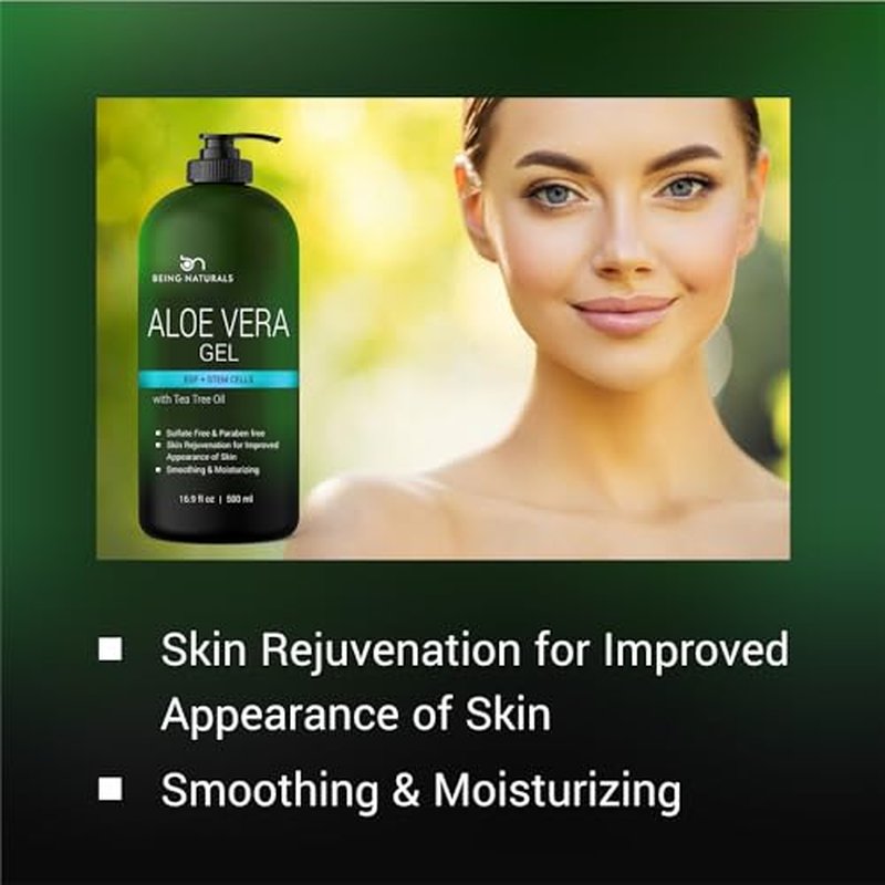 Aloe vera Gel - from 100% Pure Organic Aloe Infused with Manuka Honey, Stem Cell, Tea Tree Oil - Natural Raw Moisturizer for Face, Body, Hair. Perfect for Sunburn, Acne, Razor Bumps 16.9 fl oz