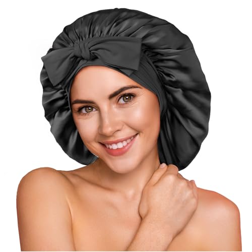 YFONG 100% 22 Momme Mulberry Silk Bonnet for Sleeping Women - Larger Double Layer Silk Hair Wrap – Non-Slip Silk Turban - Hair Silk Bonnet for Sleeping Women - Silk Cap for Sleeping, Black