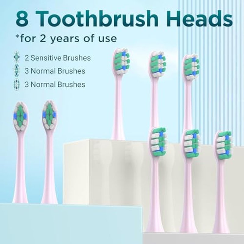 Fronix Electric Toothbrush for Adults with 8 Brush Heads, Sonic Toothbrush Rechargeable with a Holder & Travel Case, 2.5 Hours Charge for 120 Days Use - Pink