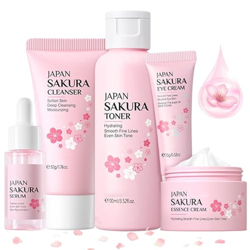 Skin Care Sets for Women/Girls JAPAN SAKURA Beauty Gift Sets Skincare Kit with Cleanser, Serum, Eye Cream, Face Cream Travel Pamper Sets for Women Gifts,Skin Care Sets & Kits