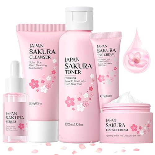 Skin Care Sets for Women/Girls JAPAN SAKURA Beauty Gift Sets Skincare Kit with Cleanser, Serum, Eye Cream, Face Cream Travel Pamper Sets for Women Gifts,Skin Care Sets & Kits