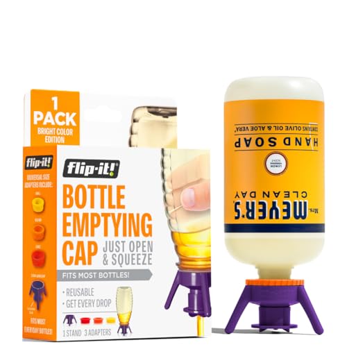 Flip-It! 1-Pack Bottle Emptying Kit – Gadget Gifts & Unique Xmas Gifts – No More Wasted Product – Fits Most Plastic Bottles – Stocking Stuffer Gift Idea – 1 Base Cap, 3 Adapters – Bright Color Edition