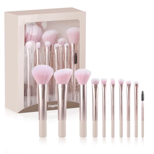 Ceppin Professional Makeup Brushes 10Pcs, Premium Synthetic Make Up Brush Set, Powder Foundation Contour Blush Concealer Eye Shadow Blending Liner Makeup Brush Kit (Pink)