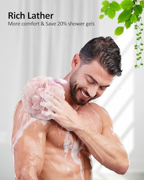 Bathflor Shower Loofah Sponge Exfoliating Body Scrubber 80g, Charcoal Loofa for Women & Men Bath Wash: 1 Long Handle Back Brush Plus 4 Packs Extra Large 80g Soft Mesh Luffa Poufs, 1 Lufa Hook (4Color)