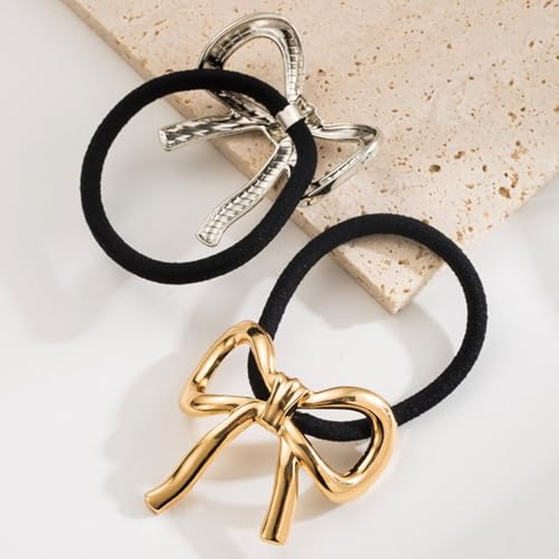Hair Ties for Women Bowknot Gold Hair Cuff Gold Bow Ponytail Cuff Metal Hair Ties Geometric Elastic Hair Ties for Women Gold Hair Accessories Ponytail Hair Ties for Thick Hair 4PCS (style-01)