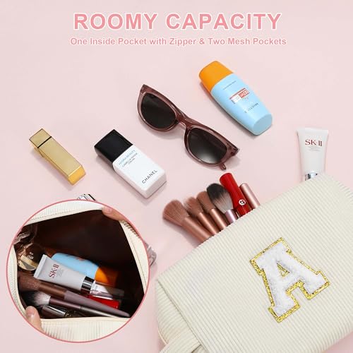 YOOLIFE Makeup Bag for Teen Girls - Cute Travel Makeup Bags Skincare Bag Corduroy Cosmetic Bag Personalized Gifts for Women Her Mom Daughter Sister Birthday Gifts for Women Girls Her Gifts Letter T