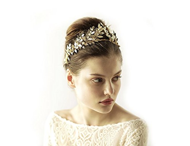 OUMOU The White Ribbon at the 2 Ends for Tying a Bow Hair Accessory Roman Goddess Leaf Branch Dainty Pearls Bridal Headpiece Head Dress Boho Alice Band with Crystal (Rose Gold, 16")