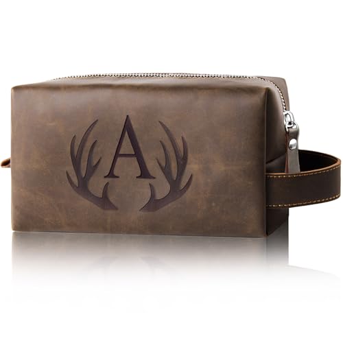 Personalized Toiletry Bag for Men Engraved Initial Cool Gifts for Dad Husband Boyfriend Grandpa Son PU Leather Waterproof Shaving Bag for Toiletries Accessories Travel Essentials (A)