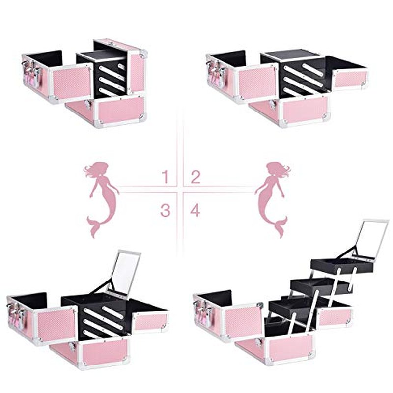 Joligrace Makeup Box Organizer, 11.6-inch Makeup Case Storage, Large Train Case with 3 Tackle Trays and Mirror, Carrying Make-up Train Case with Brush Holder, Lockable Cosmetic Travel Storage Black