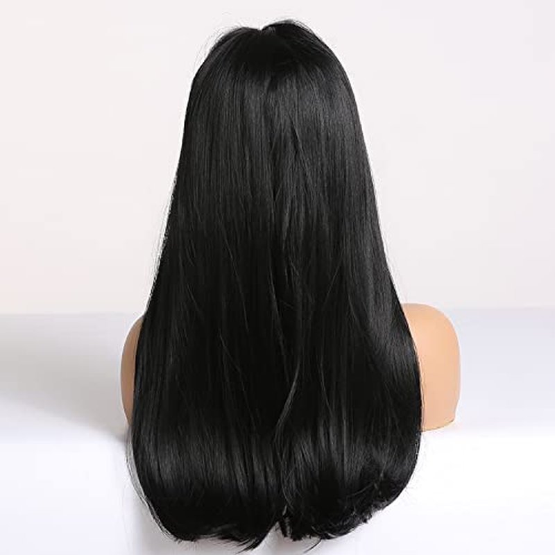 RightOn Black Wig for Women Long Straight Wig Black Wig with Bangs Long Wig Black Straight Wigs Full Machine Wig for Daily Cosplay Party