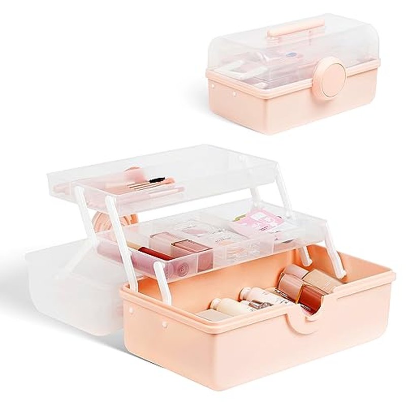 RAMFIYN Pink Makeup Storage, Pink Tackle box for Women with Handle. Cosmetic Storage Box Organizer, Portable 3 Layers Makeup Case for Home