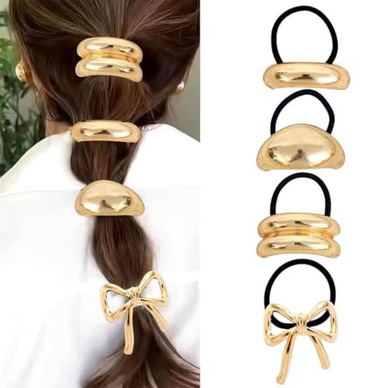 Hair Ties for Women Bowknot Gold Hair Cuff Gold Bow Ponytail Cuff Metal Hair Ties Geometric Elastic Hair Ties for Women Gold Hair Accessories Ponytail Hair Ties for Thick Hair 4PCS (style-01)