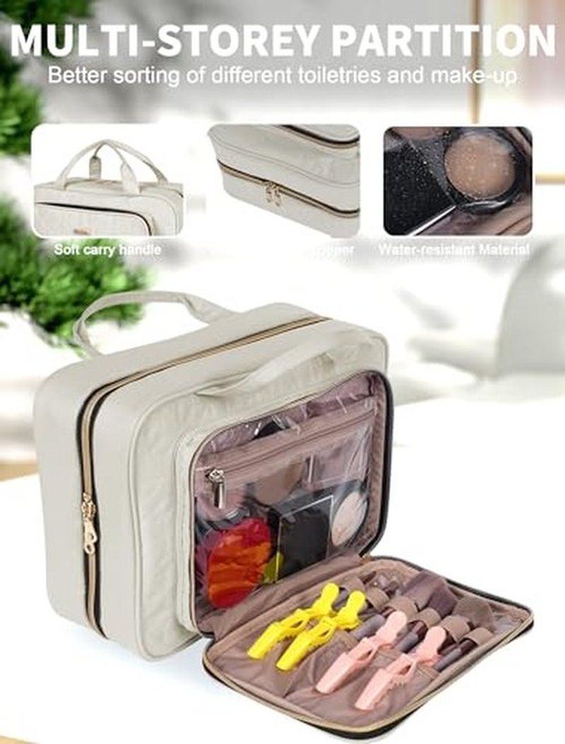 BALULHG Travel Toiletry Bag for Women Large Capacity with Hook - Portable Cosmetic Case,Hanging Makeup Bag for Full Sized ToiletriesTravel Essentials for Business Trips and Camping Beige